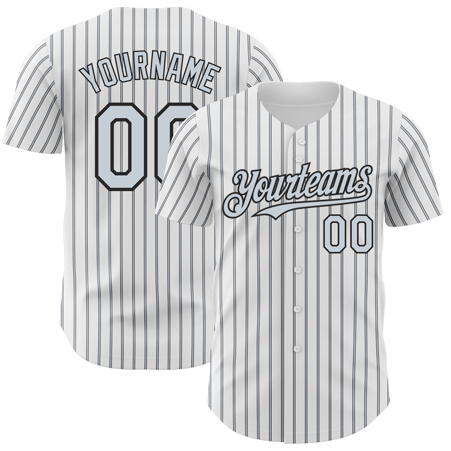 Custom Silver-Black Authentic Baseball Jersey with Personalized Name and Number - White Black Silver Pinstripe Design Personalized