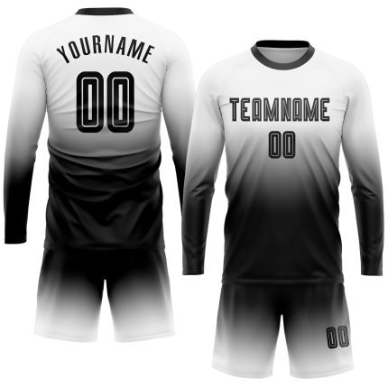 Custom Name and Number Soccer Jersey - Personalized Long Sleeve Fade Fashion Team Uniform in White and Black Personalized