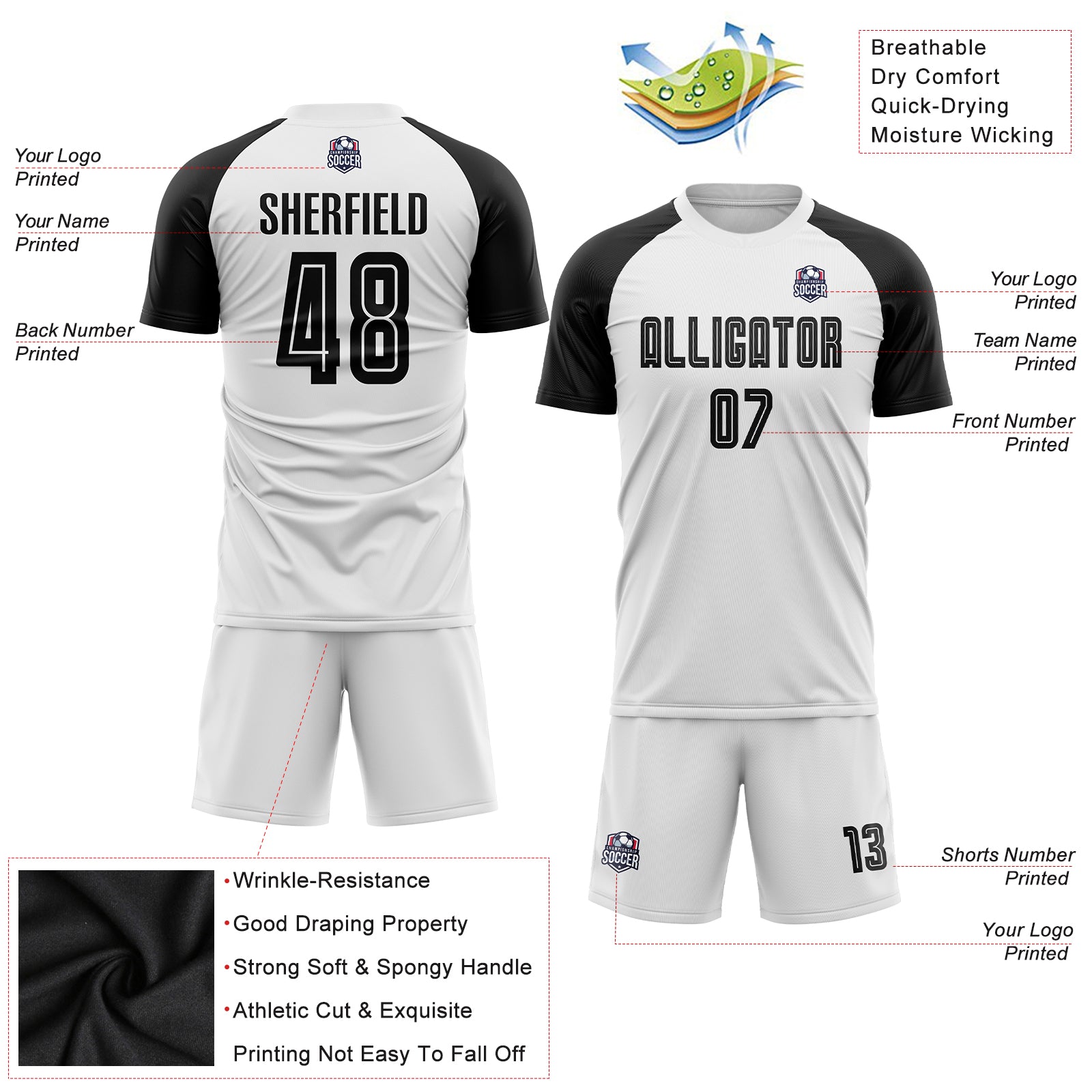 Personalized White Black Sublimation Soccer Uniform Jersey Team Custom Name and Number Custom Name and Number Soccer Jersey Personalized Sublimation Uniform - White and Black Team Apparel Personalized White Black - Image 3