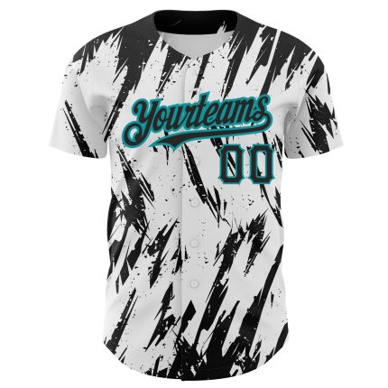 Customizable 3D Pattern Baseball Jersey with Authentic Name & Number - Teal Black White Abstract Design Personalized White