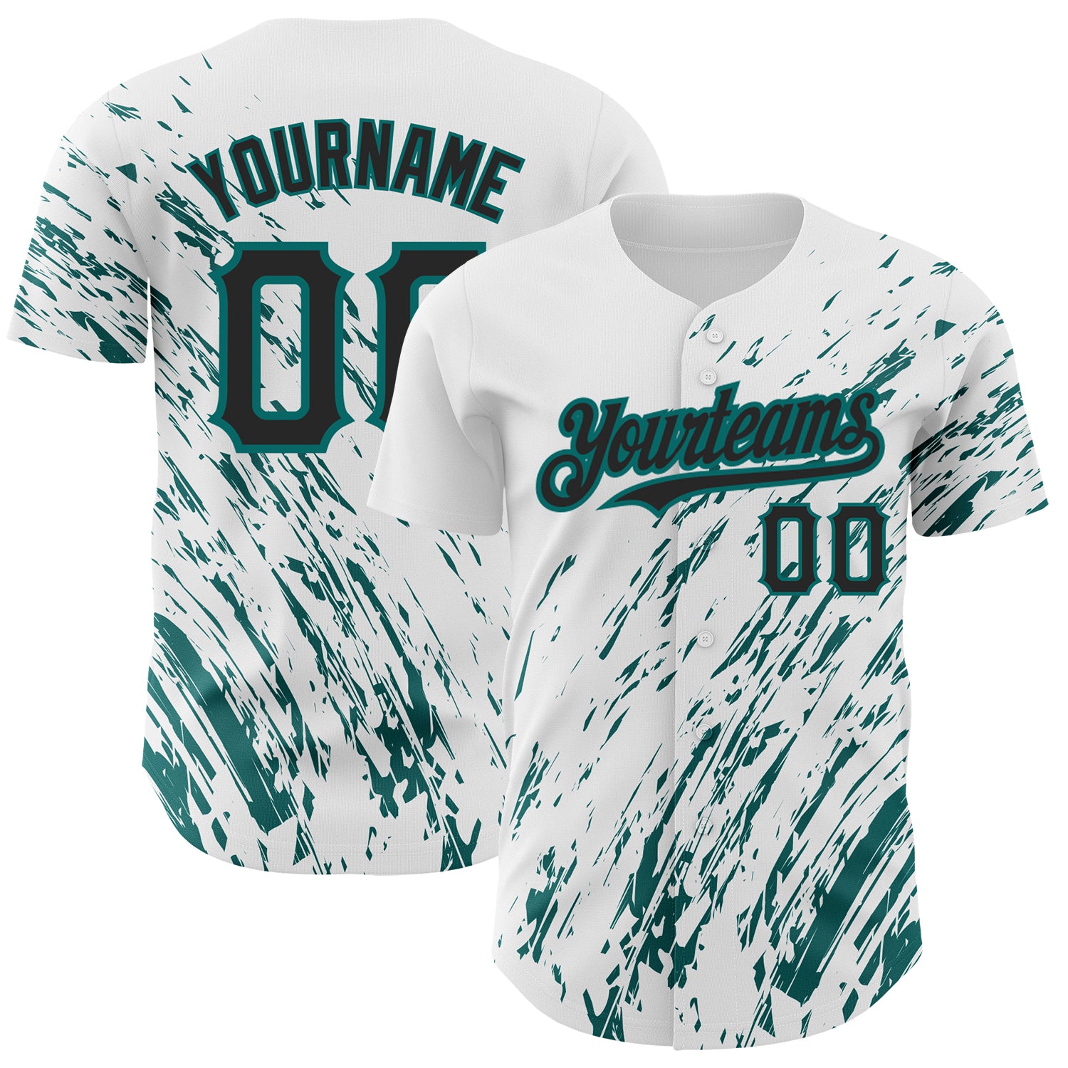 Custom Name and Number Baseball Jersey - Personalized 3D Pattern Design in White Black Teal Abstract Splash Finish Personalized