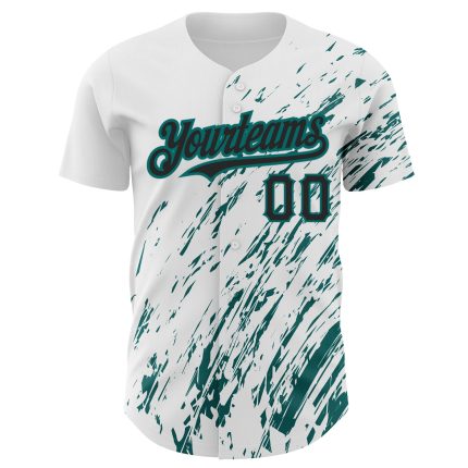 Custom Name and Number Baseball Jersey - Personalized 3D Pattern Design in White Black Teal Abstract Splash Finish Personalized