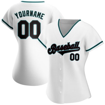 Custom Authentic Baseball Jersey with Personalized Name and Number, White Black-Teal Personalized White Black-Teal Authentic