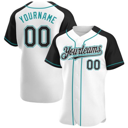 Custom Name and Number Baseball Jersey - Personalized Black Teal White Authentic Raglan Sleeves Team Apparel Personalized