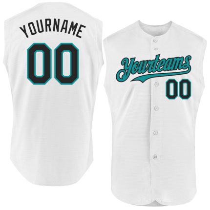 Personalized Authentic Sleeveless Baseball Jersey - White Black Teal Design Personalized White Black-Teal Authentic Sleeveless