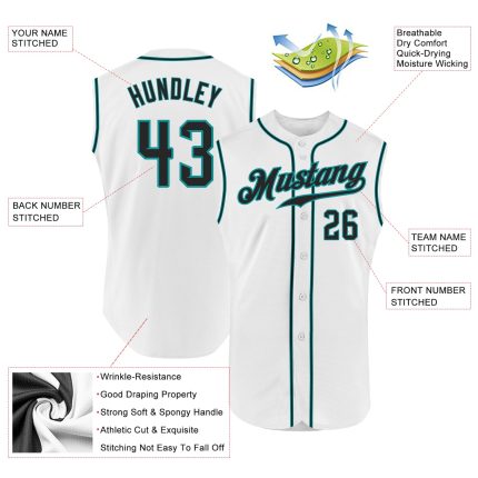 Custom Name and Number Personalized Baseball Jersey - Authentic Sleeveless White Black Teal Team Apparel Personalized White