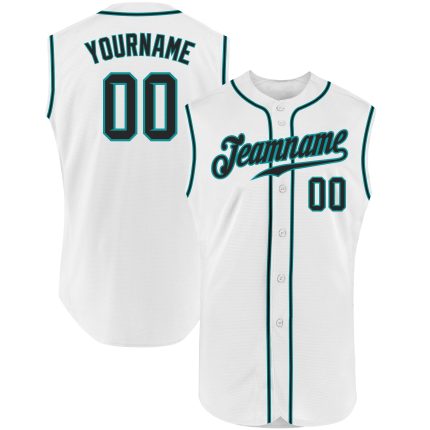 Custom Name and Number Personalized Baseball Jersey - Authentic Sleeveless White Black Teal Team Apparel Personalized White