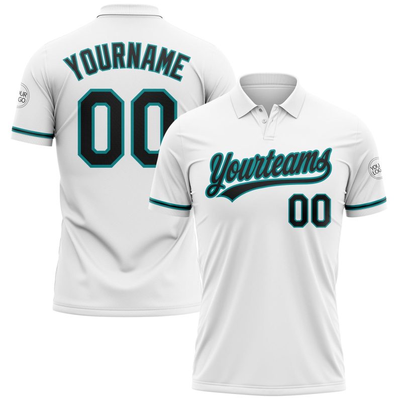 Custom Team Name Number Personalized Golf Polo Shirt - White Black Teal Performance Vapor Personalized White Black-Teal Performance