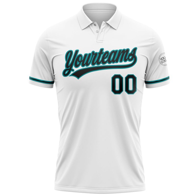 Custom Team Name Number Personalized Golf Polo Shirt - White Black Teal Performance Vapor Personalized White Black-Teal Performance