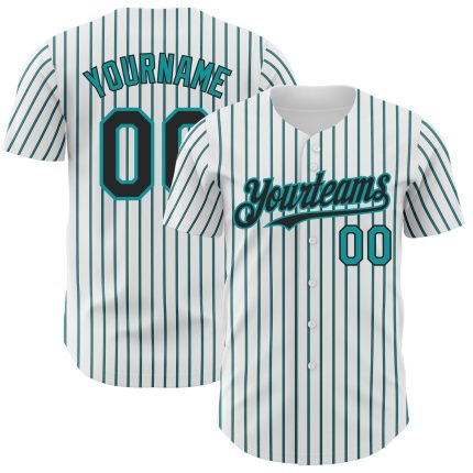 Custom Black Teal Authentic Baseball Jersey with Personalized Name and Number - White with Black Teal Pinstripe Personalized