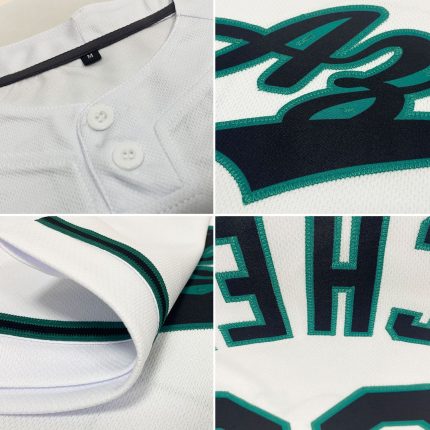 Custom Name and Number Unisex Softball Jersey in White Black-Teal - Personalized Two-Button Team Apparel Personalized White