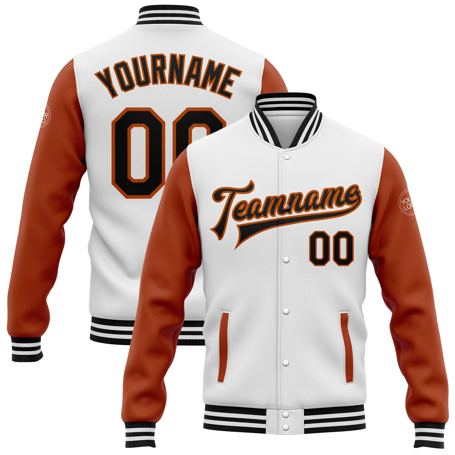 Personalized Texas Orange Two Tone Varsity Letterman Bomber Jacket - Full-Snap Black and White Design Personalized White