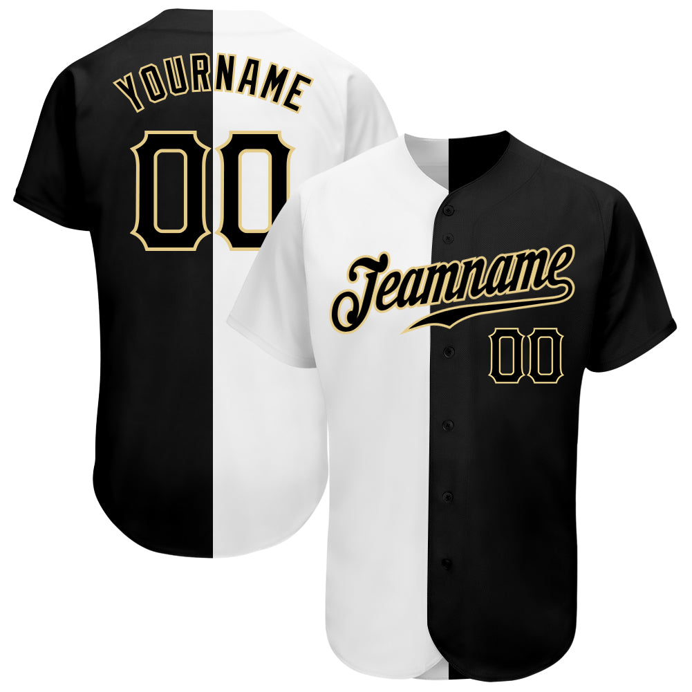 Custom Name Number Authentic Baseball Jersey - Personalized Split Fashion in White Black Vegas Gold Personalized White-Black