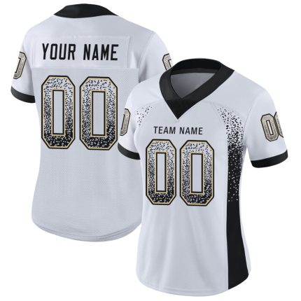 Personalized Football Jersey with Custom Name and Number, White Black Vegas Gold Mesh Drift Style for Team Wear Personalized