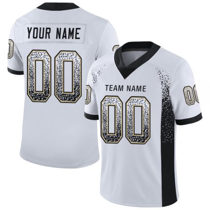 Personalized Football Jersey with Custom Name and Number, White Black Vegas Gold Mesh Drift Style for Team Wear Personalized