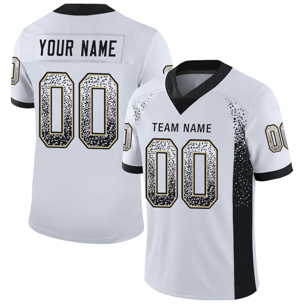 Personalized Football Jersey with Custom Name and Number, White Black Vegas Gold Mesh Drift Style for Team Wear Personalized