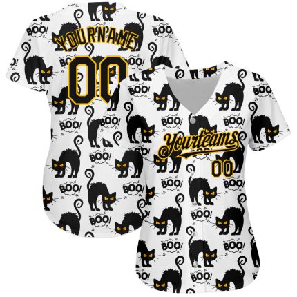 Custom Cat Baseball Jersey with 3D Black-Yellow Pattern | Personalized Name and Number Personalized White Black-Yellow 3D
