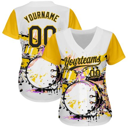Custom Abstract Drum Set Baseball Jersey with 3D Pattern Design for Music Festivals - Personalized Name and Number, White Black-Yellow