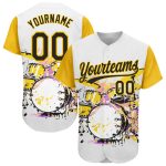 Custom Abstract Drum Set Baseball Jersey with 3D Pattern Design for Music Festivals - Personalized Name and Number, White Black-Yellow