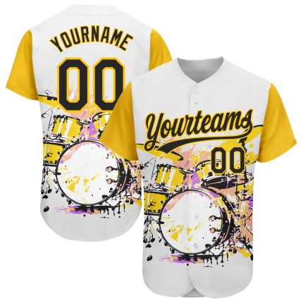 Custom Abstract Drum Set Baseball Jersey with 3D Pattern Design for Music Festivals - Personalized Name and Number, White Black-Yellow