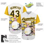 Custom Abstract Drum Set Baseball Jersey with 3D Pattern Design for Music Festivals - Personalized Name and Number, White Black-Yellow