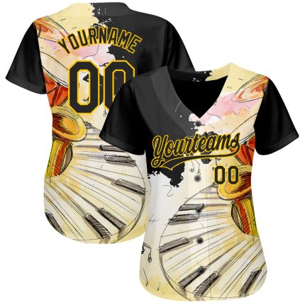 Personalized Music Festival Baseball Jersey, Custom Name & Number, 3D Pattern Design for International Jazz Day, Black-Yellow, White