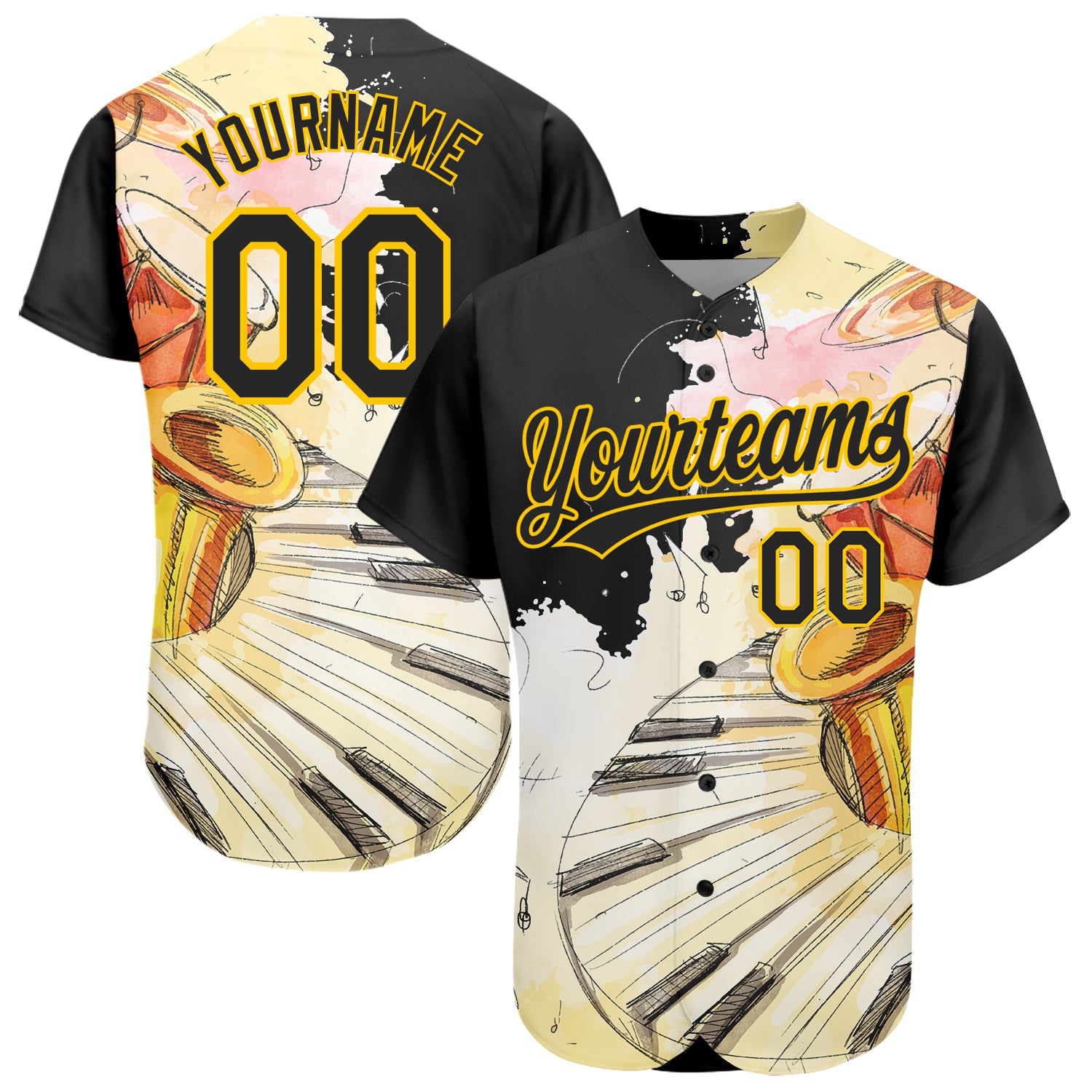 Personalized Music Festival Baseball Jersey, Custom Name & Number, 3D Pattern Design for International Jazz Day, Black-Yellow, White