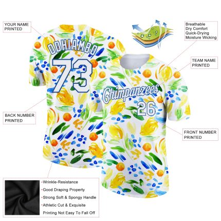 Custom 3D Pattern Summer Holiday T-Shirt with Personalized Name & Number - White Blue Abstract Plant Design Personalized