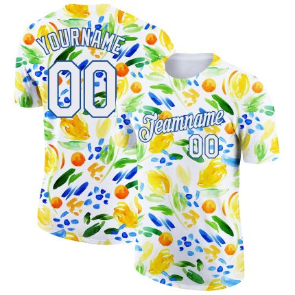 Custom 3D Pattern Summer Holiday T-Shirt with Personalized Name & Number - White Blue Abstract Plant Design Personalized