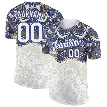 Custom Name Number Performance T-Shirt - Personalized Floral Design in White Blue 3D Pattern Personalized White Blue 3D Pattern