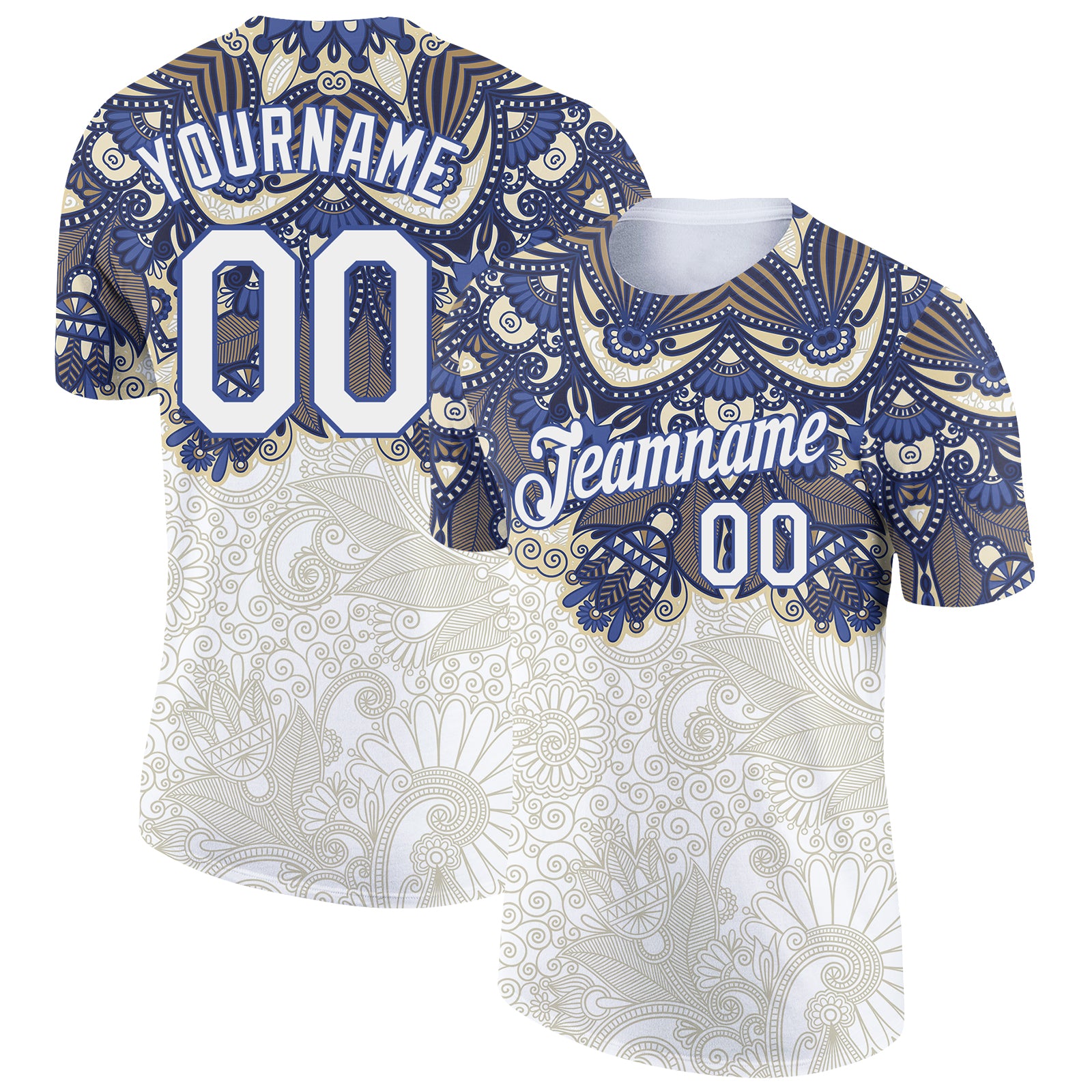 Custom Name Number Performance T-Shirt - Personalized Floral Design in White Blue 3D Pattern Personalized White Blue 3D Pattern