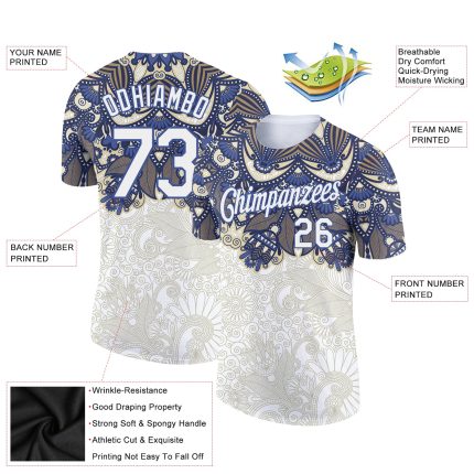 Custom Name Number Performance T-Shirt - Personalized Floral Design in White Blue 3D Pattern Personalized White Blue 3D Pattern