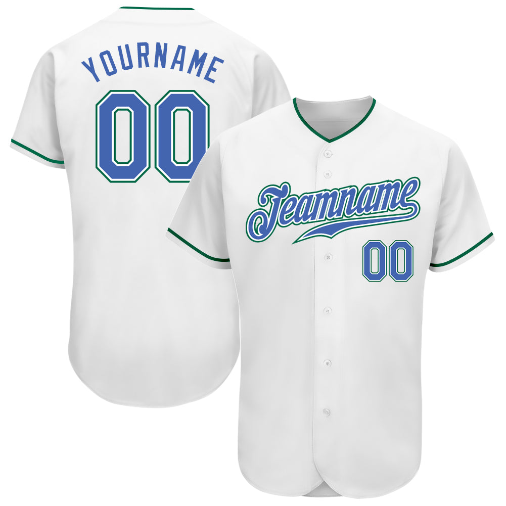 Custom Name and Number Authentic Baseball Jersey - Personalized White Blue-Kelly Green Team Apparel Personalized White Blue-Kelly