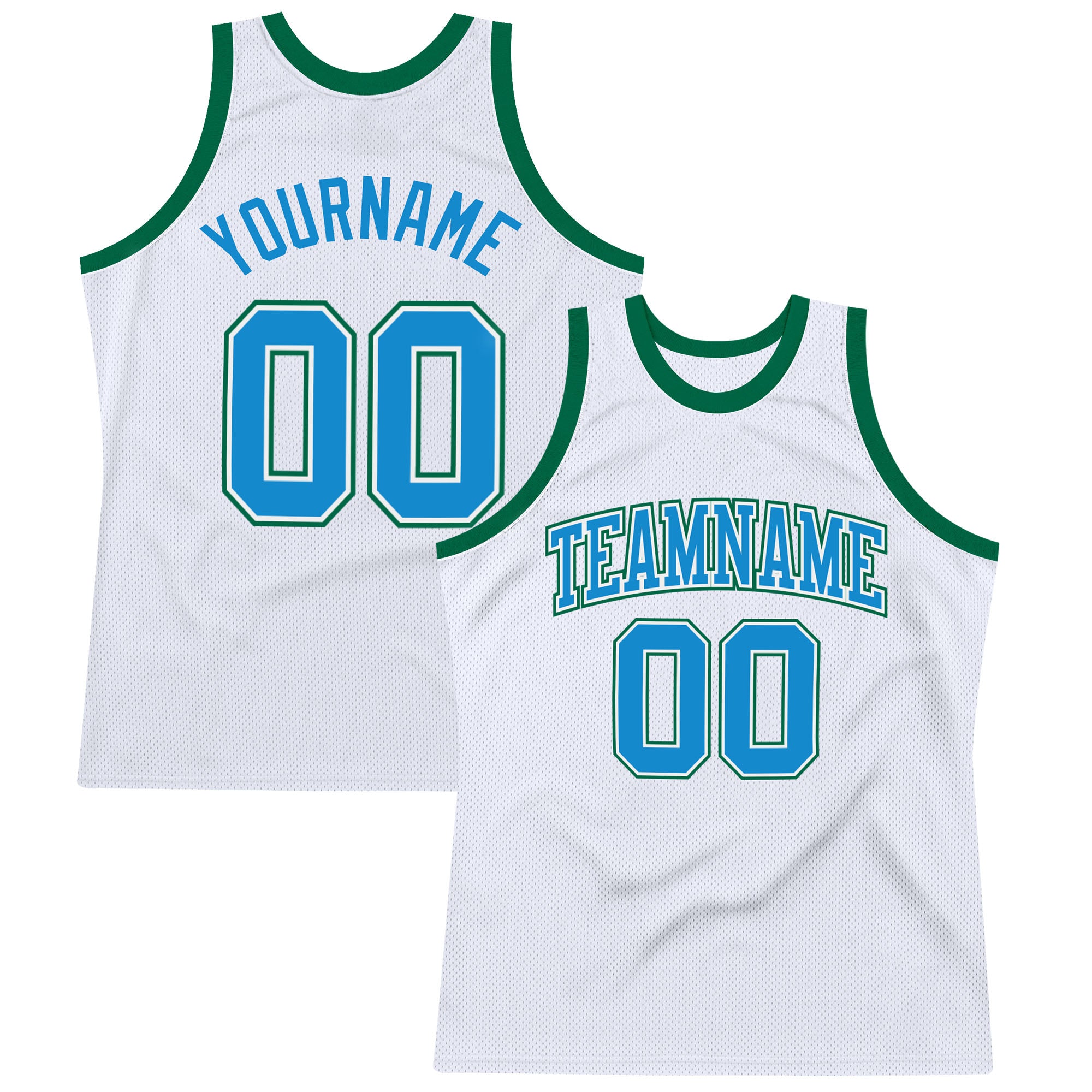 Custom Personalized Basketball Jersey with Team Name and Number - White Blue Kelly Green Authentic Throwback Design Personalized