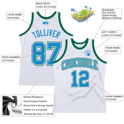 Custom Personalized Basketball Jersey with Team Name and Number - White Blue Kelly Green Authentic Throwback Design Personalized