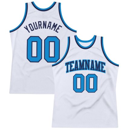 Personalized Throwback Basketball Jersey in White and Blue-Navy Classic Design Personalized White Blue-Navy Authentic Throwback