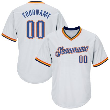 Custom Name and Number Personalized Baseball Jersey Shirt - White Blue Navy-Orange Rib-Knit Authentic Throwback Style Personalized