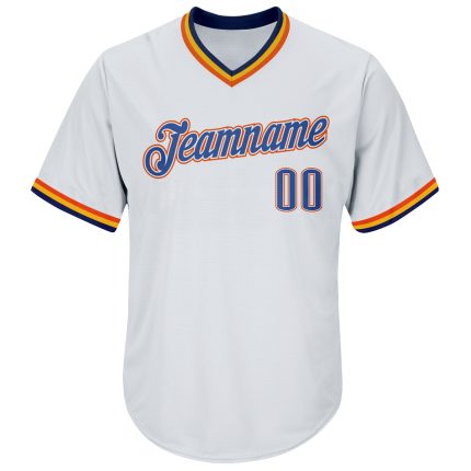 Custom Name and Number Personalized Baseball Jersey Shirt - White Blue Navy-Orange Rib-Knit Authentic Throwback Style Personalized