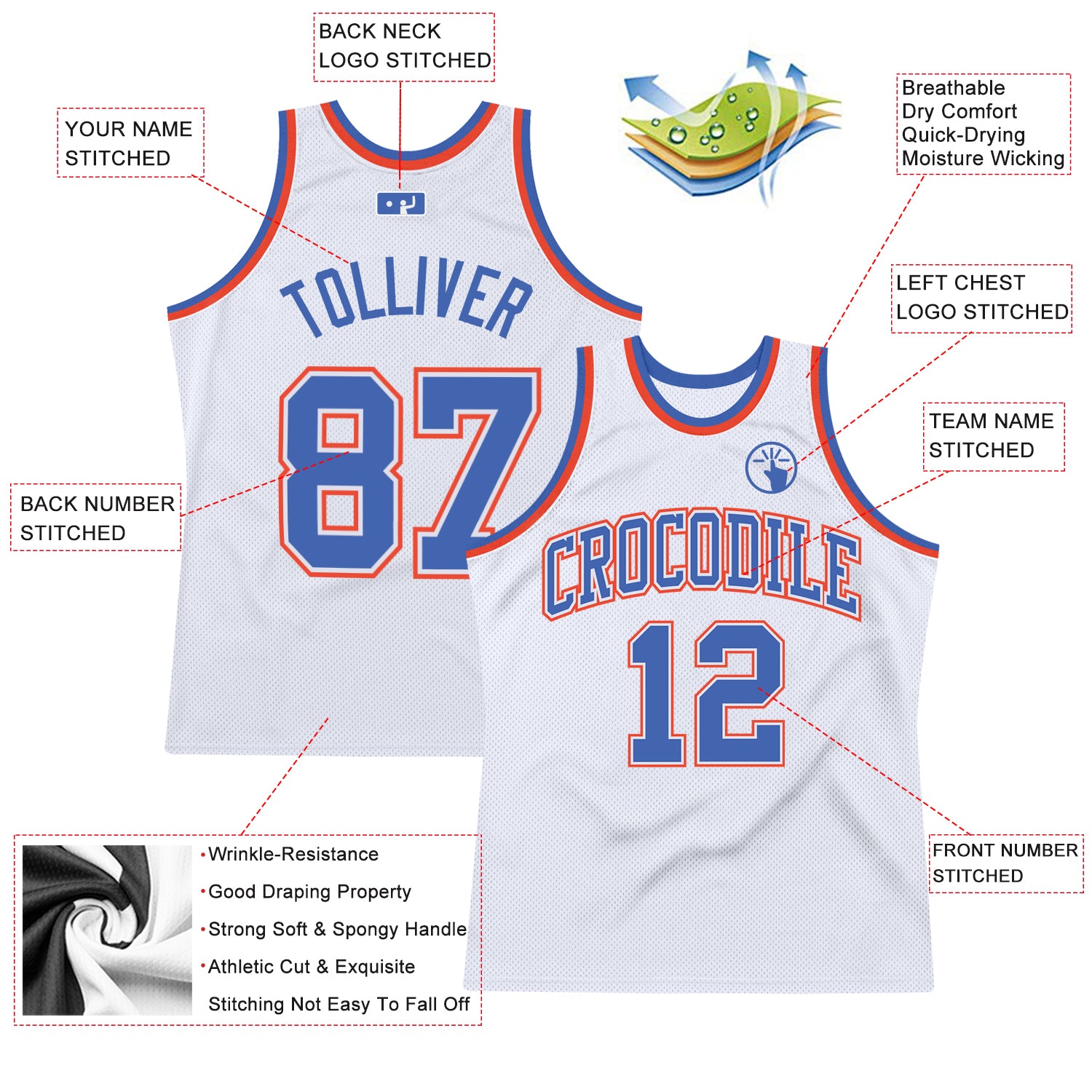 Personalized White Blue-Orange Authentic Throwback Basketball Jersey Personalized Authentic Basketball Jersey - White Blue Orange Throwback Design Personalized White Blue-Orange Authentic Throwback - Image 2