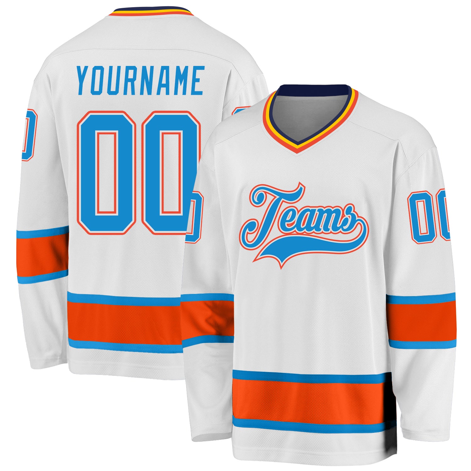 Custom Team Hockey Jersey with Personalized Name and Number - White Blue-Orange Personalized White Blue-Orange Hockey Jersey