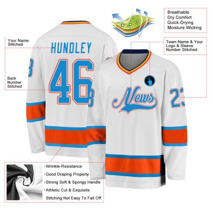 Custom Team Hockey Jersey with Personalized Name and Number - White Blue-Orange Personalized White Blue-Orange Hockey Jersey