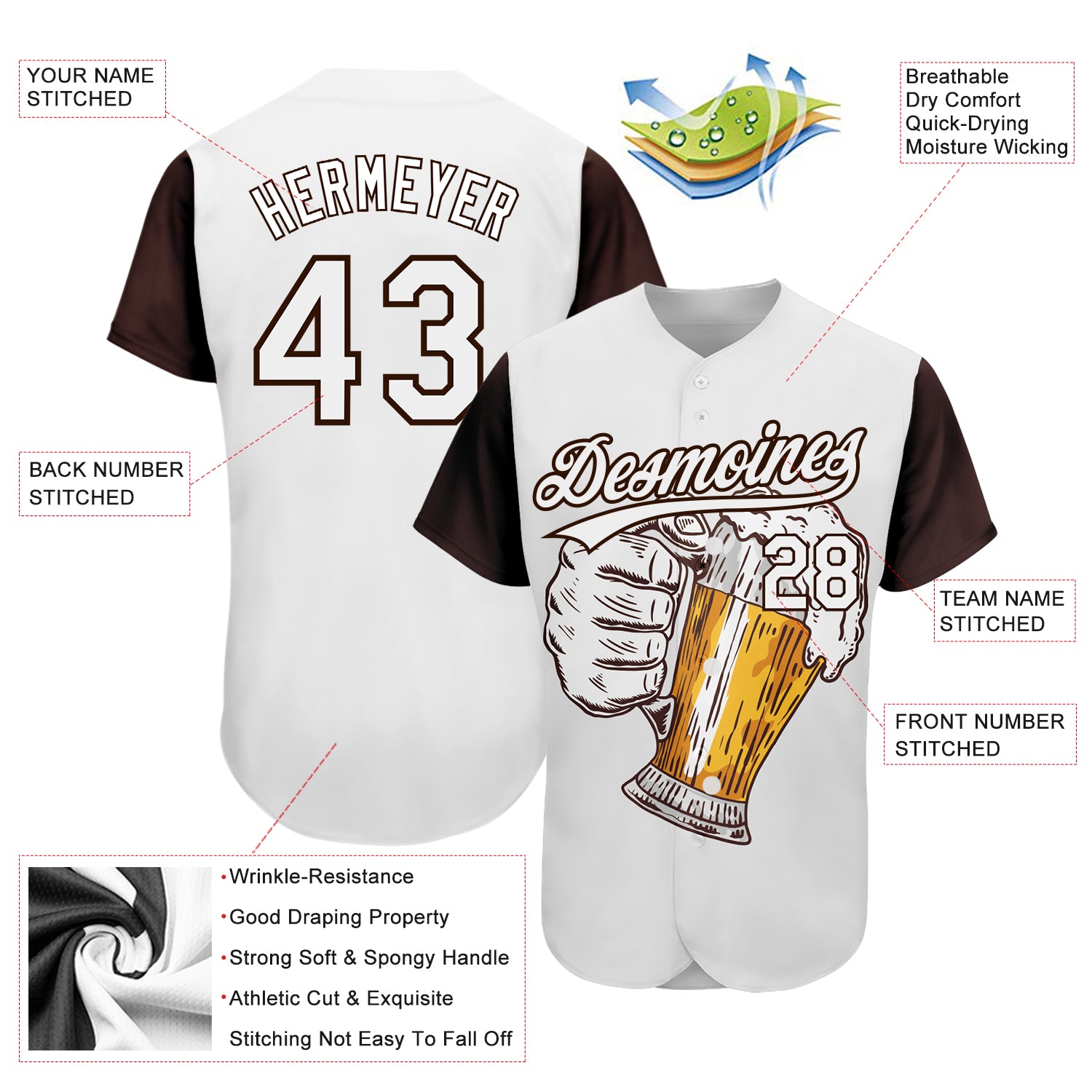 Personalized White Brown 3D Pattern Design Beer Festival Authentic Baseball Jersey Team Custom Name and Number Custom Name and Number Beer Festival 3D Pattern Baseball Jersey - Personalized White Brown Jersey Personalized White Brown - Image 3