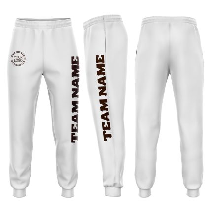 Custom Team Name Number Fleece Jogger Sweatpants for Men & Women - Personalized White and Brown Athletic Pants Personalized