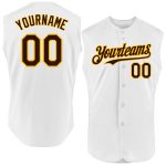 Customized Authentic Sleeveless Baseball Jersey in White and Brown-Gold Personalized White Brown-Gold Authentic Sleeveless