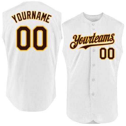Customized Authentic Sleeveless Baseball Jersey in White and Brown-Gold Personalized White Brown-Gold Authentic Sleeveless