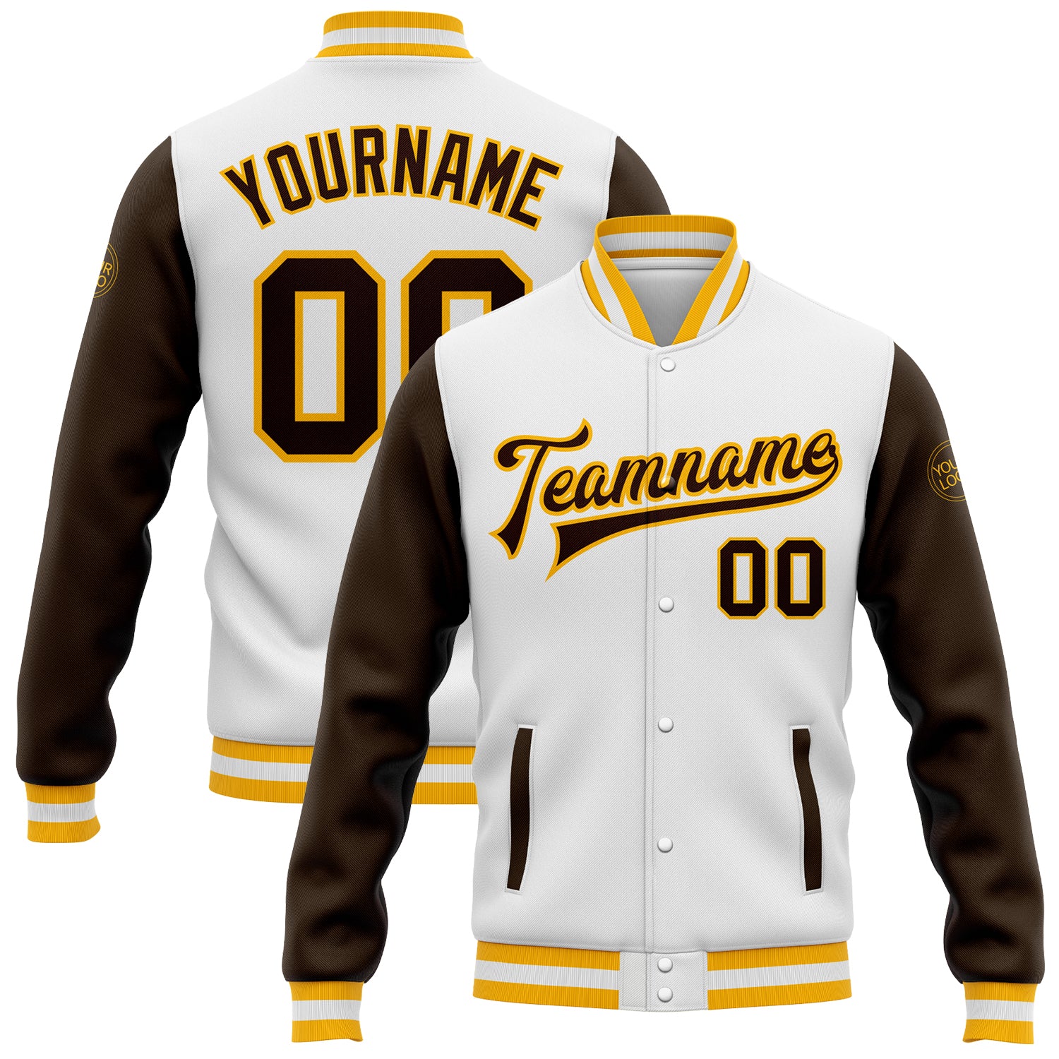 Custom Name Number Two Tone Varsity Letterman Bomber Jacket White Brown Gold Full-Snap Personalized Team Apparel Personalized
