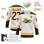 Custom Name and Number Hockey Jersey - Personalized White Brown-Gold Lace Design Personalized White Brown-Gold Hockey Lace