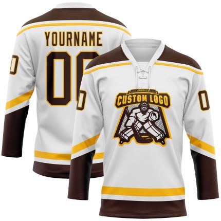 Custom Name and Number Hockey Jersey - Personalized White Brown-Gold Lace Design Personalized White Brown-Gold Hockey Lace
