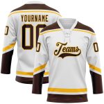 Custom Name and Number Hockey Jersey - Personalized White Brown-Gold Lace Design Personalized White Brown-Gold Hockey Lace