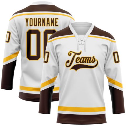 Custom Name and Number Hockey Jersey - Personalized White Brown-Gold Lace Design Personalized White Brown-Gold Hockey Lace